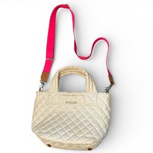 MZ Wallace Metro Small Pearl White Crossbody Tote bag with Pink Strap